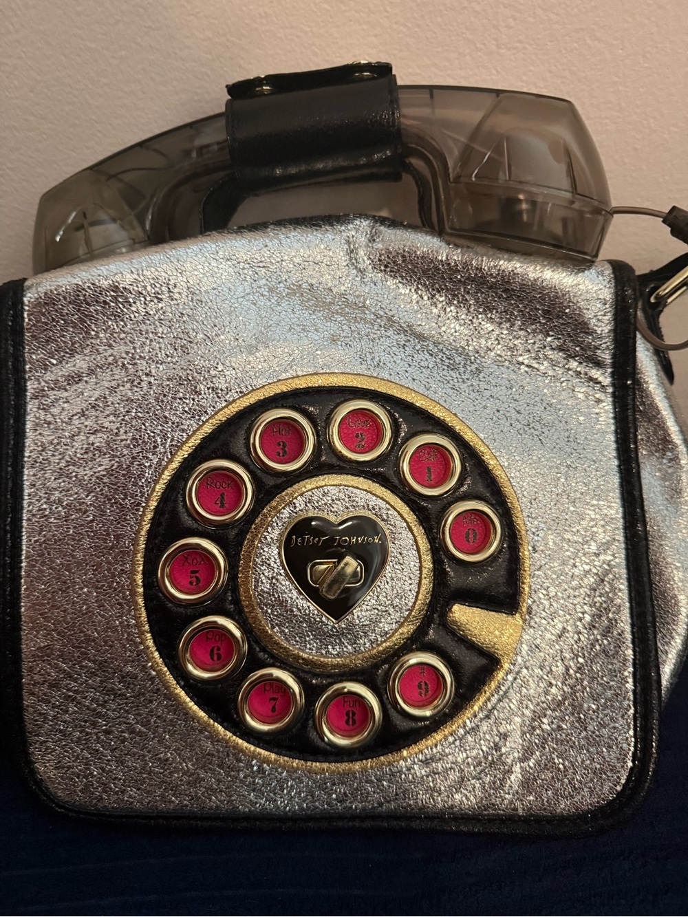 Betsey Johnson Metallic Silver Rotary Phone Crossbody with Pink Dial Accents